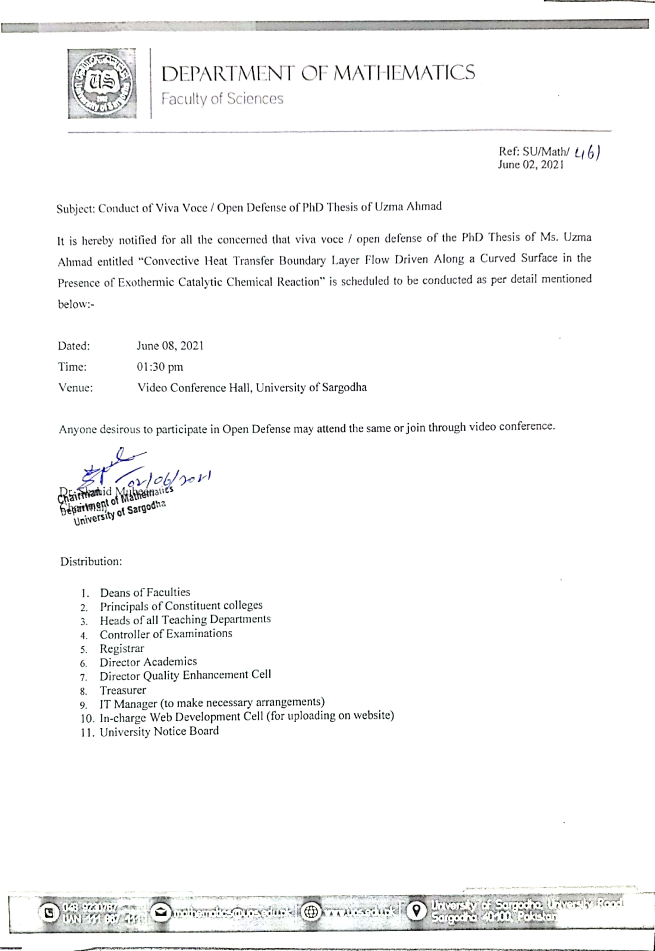 Conduct of Viva Voce Examination / Open Defense of Ph.D Thesis ( Mathematics)